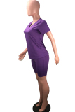 purple knit Casual Patchwork Two Piece Suits Solid pencil Short Sleeve 