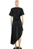 Black One word collar Short Sleeve Solid asymmetrical Patchwork bow-knot HOLLOWED OUT Tees & T-