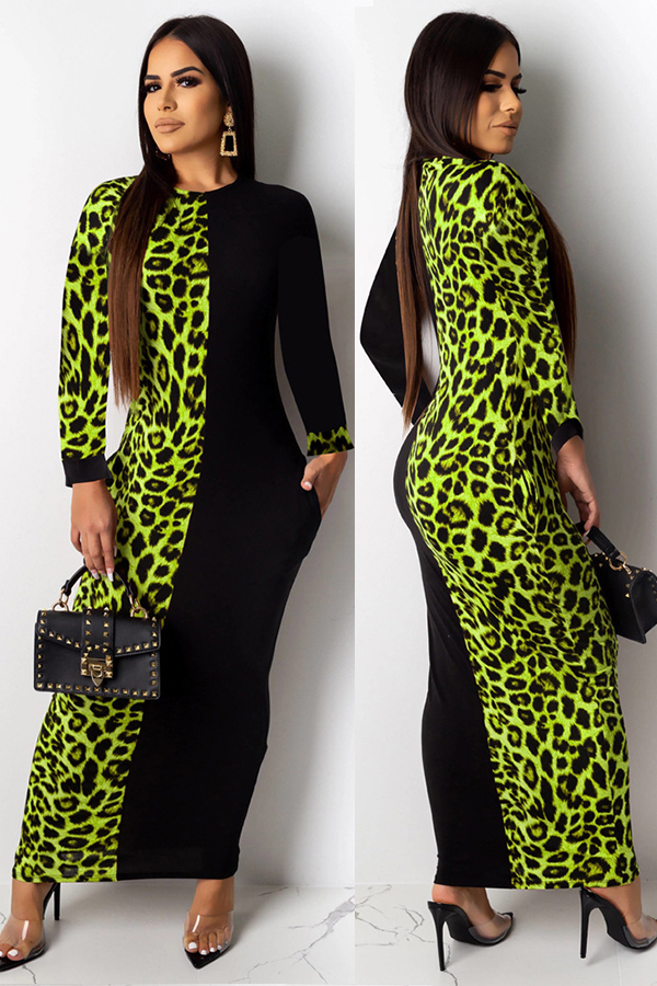 Green Sexy adult Fashion Cap Sleeve Long Sleeves O neck Step Skirt Ankle-Length Patchwork Leopar