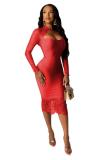 Red Polyester adult Sexy Fashion Cap Sleeve Long Sleeves Half-Open collar Step Skirt Knee-Length lace ho