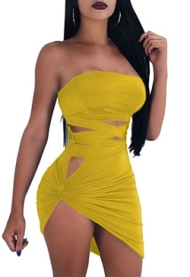 Yellow Sexy & Club Strapless Sleeveless Sheath skirt Two Piece Dresses