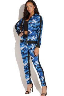 Blue Polyester Elastic Fly Long Sleeve Mid Zippered Print Patchwork Straight Pants  Two-piece suit