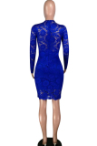 Blue Lace Casual Cap Sleeve Long Sleeves V Neck Step Skirt Knee-Length lace Solid Patchwork Broken flower