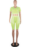 Fluorescent Yellow Casual Fashion Fluorescent Solid Patchwork pencil Two-Piece Short Set