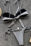 Grey Bow-knot crop top Solid bandage Asymmetrical Sexy Fashion Tankinis Set