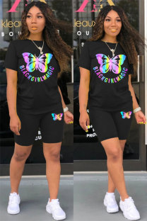 Black Fashion Casual adult Patchwork Print Two Piece Suits Straight Short Sleeve Two Pieces