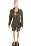 Army Green Sexy Solid Button washing Long Sleeve Turndown Collar Rompers
