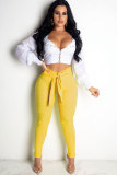 Yellow Elastic Fly Mid Solid bandage Patchwork pencil Pants Pants