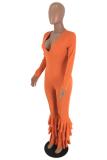 Orange Sexy Fashion Solid Ruffled Polyester Long Sleeve V Neck 