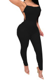 Black Fashion Casual Solid Draped Polyester Sleeveless Slip Jumpsuits