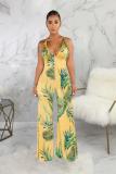 Yellow Sexy Fashion Patchwork Backless Print Sleeveless V Neck Jumpsuits