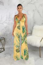 Yellow Sexy Fashion Patchwork Backless Print Polyester Sleeveless V Neck  Jumpsuits