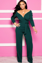 Army Green Sexy Solid Patchwork Long Sleeve V Neck Jumpsuits