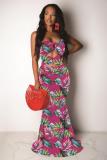 Red Polyester Fashion Sexy Off The Shoulder Sleeveless Wrapped chest Asymmetrical Floor-Length Patchwork