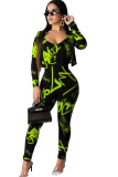 Fluorescent green Polyester Casual Two Piece Suits Print Straight Long Sleeve