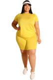 Yellow Polyester Fashion Casual adult O Neck Patchwork Solid Two Piece Suits Stitching Plus Size 