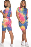 Blue Fashion Sexy Print Tie Dye Two Piece Suits pencil Short Sleeve Two Pieces