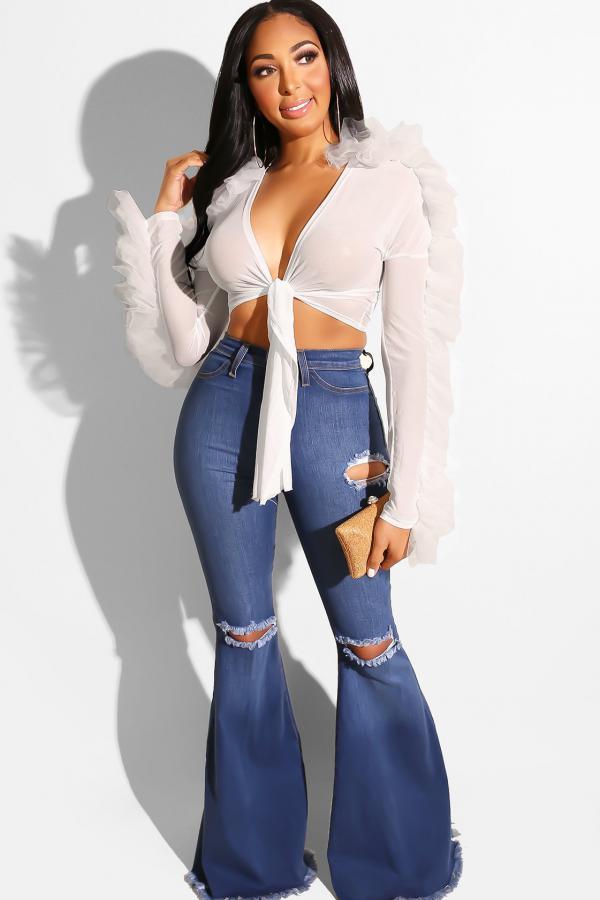 White V Neck Long Sleeve HOLLOWED OUT Solid perspective Bandage Slim fit crop top asymmetrical