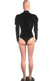 Black Sexy Button Solid Polyester Long Sleeve Turndown Collar 
