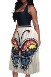 Yellow White Black Yellow Polyester Elastic Fly Sleeveless High Patchwork Print Draped Pleated skirt Capris Bottoms
