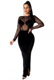 Black Polyester Sexy Fashion adult Cap Sleeve Long Sleeves O neck Asymmetrical Ankle-Length Solid backless