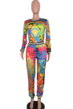 Red venetian Sexy Two Piece Suits Print Patchwork Straight Long Sleeve 