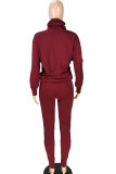 Wine Red venetian Casual Two Piece Suits Print Straight Long Sleeve