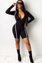 Black street Fashion Solid zipper Polyester Long Sleeve O Neck  Rompers