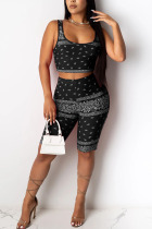 Black Fashion Sexy Print Two Piece Suits Straight Sleeveless Two Pieces