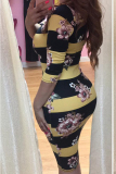 Black yellow Polyester Fashion Casual Sexy Cap Sleeve Long Sleeves O neck Step Skirt Knee-Length Striped Floral P
