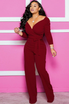 Wine Red Sexy Solid Patchwork Long Sleeve V Neck Jumpsuits