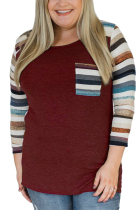 Wine Red O Neck Long Sleeve Patchwork  Long Sleeve Tops