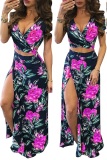 Green Polyester adult Street Fashion Two Piece Suits Patchwork Print Split Floral A-line skirt Short Sleev