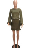 Army Green Sexy Fashion Cap Sleeve Long Sleeves O neck Bud Mini Patchwork Two Piece Dresses