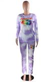 purple Polyester Active Print Straight Long Sleeve  Two-piece Pants Set