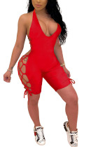 Red Fashion Casual Hollow Solid Sleeveless Hanging neck Rompers