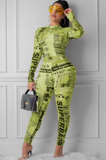 Yellow Sexy zipper letter Print Polyester Long Sleeve O Neck  Jumpsuits