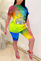 Yellow Fashion Casual adult Ma'am Patchwork Print Character Tie Dye Two Piece Suits Straight Short Sleeve Two Pieces