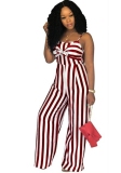 Stripe Wine Polyester Bandage Striped Fashion Jumpsuits & Rompers