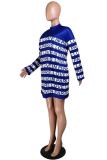Royal blue Fashion adult Casual Cap Sleeve Long Sleeves O neck Straight Mini Character Striped Patchw