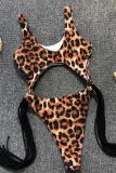 Leopard print  Tassel Leopard Asymmetrical Solid Fashion Sexy One-Piece Swimwear