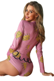 Pink Fashion Sexy Patchwork Print Button Polyester Long Sleeve V Neck 