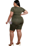 Army Green Polyester Fashion Casual adult Ma'am O Neck Patchwork Solid Two Piece Suits Plus Size 
