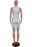 Silver Polyester Sleeveless Mid Solid Zippered Skinny shorts  Jumpsuits & Rompers