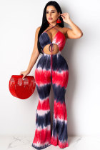 Red and black Fashion Sexy Print Patchwork bandage Tie-dyed Hollow Polyester Sleeveless Hanging neck Jumpsuits