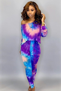purple Polyester adult Sexy Fashion Print Two Piece Suits Tie Dye pencil Long Sleeve  Two-piece Pants Set
