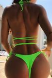 Fluorescent green Nylon crop top Solid Two Piece Suits bandage Patchwork backless Fashion adult Sexy Bikinis Set