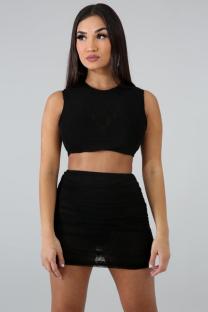 Black Polyester Fashion Sexy Slim fit Two Piece Suits crop top Solid Fluorescent Skinny Sleeveless  Two-Pi