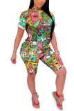 Green venetian Fashion Casual adult Ma'am Print Character Two Piece Suits pencil Short Sleeve Two Pieces