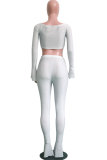 White Polyester Elastic Fly Long Sleeve Mid Solid Boot Cut Pants  Two-piece suit